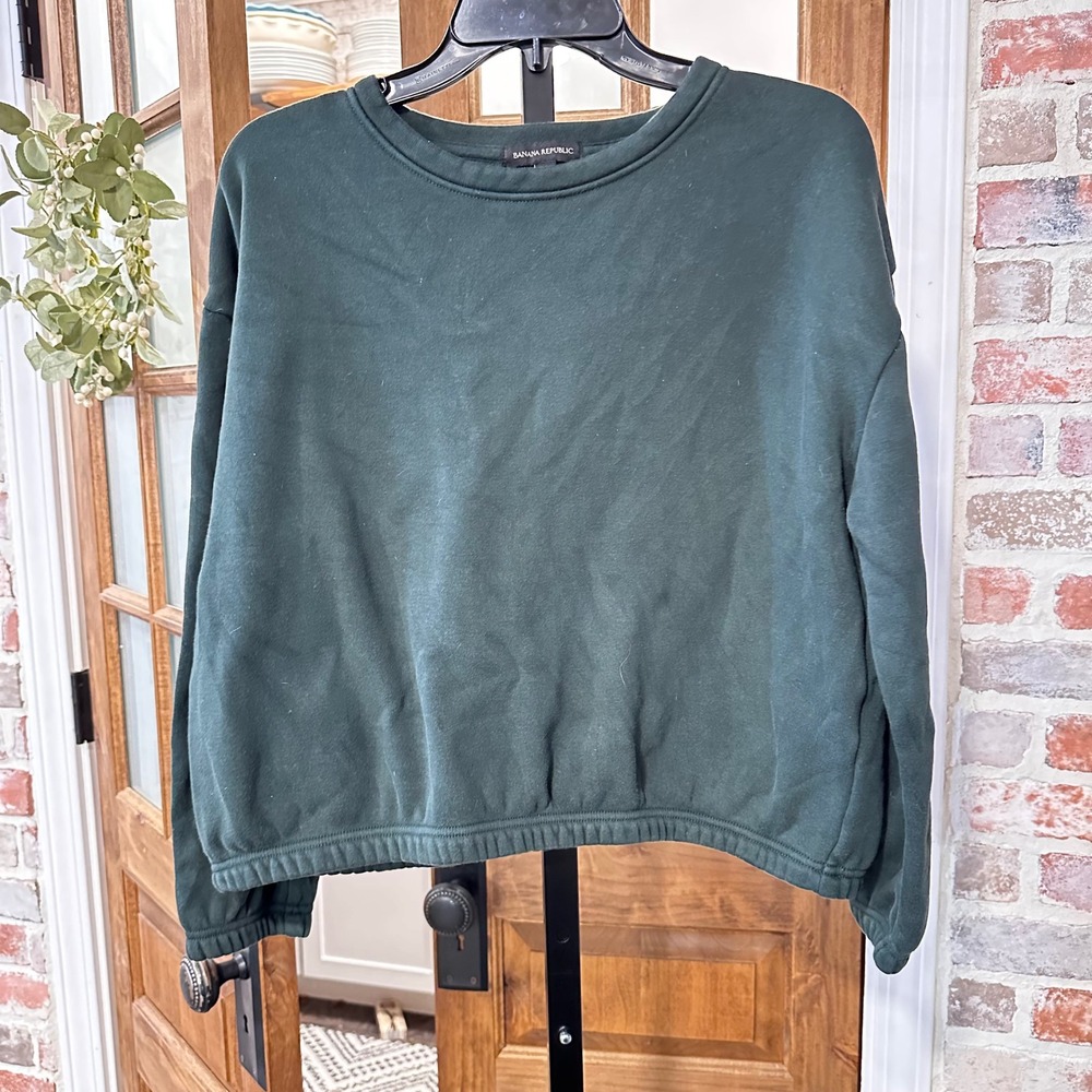 Banana Republic Sweatshirt Women Green Crop Elastic Hem Fleece Gorpcore Cozy L